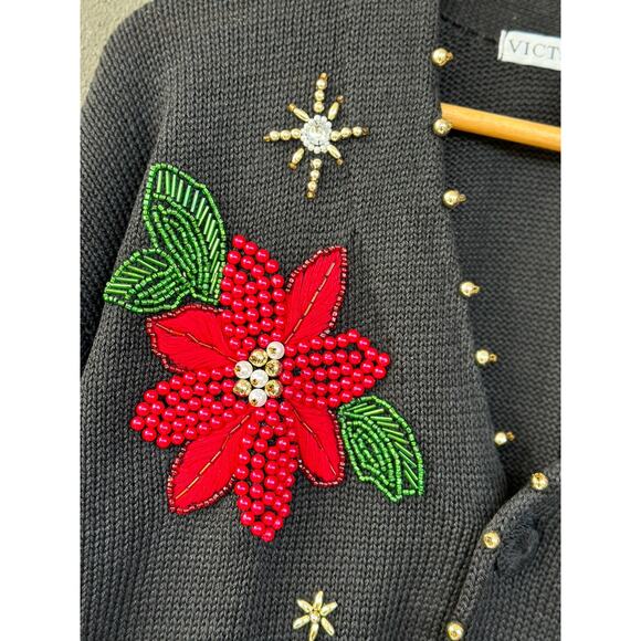 Vintage Victoria Jones Unisex Medium Ramie Black Ugly Christmas Cardigan Sweater - Picture 6 of 8